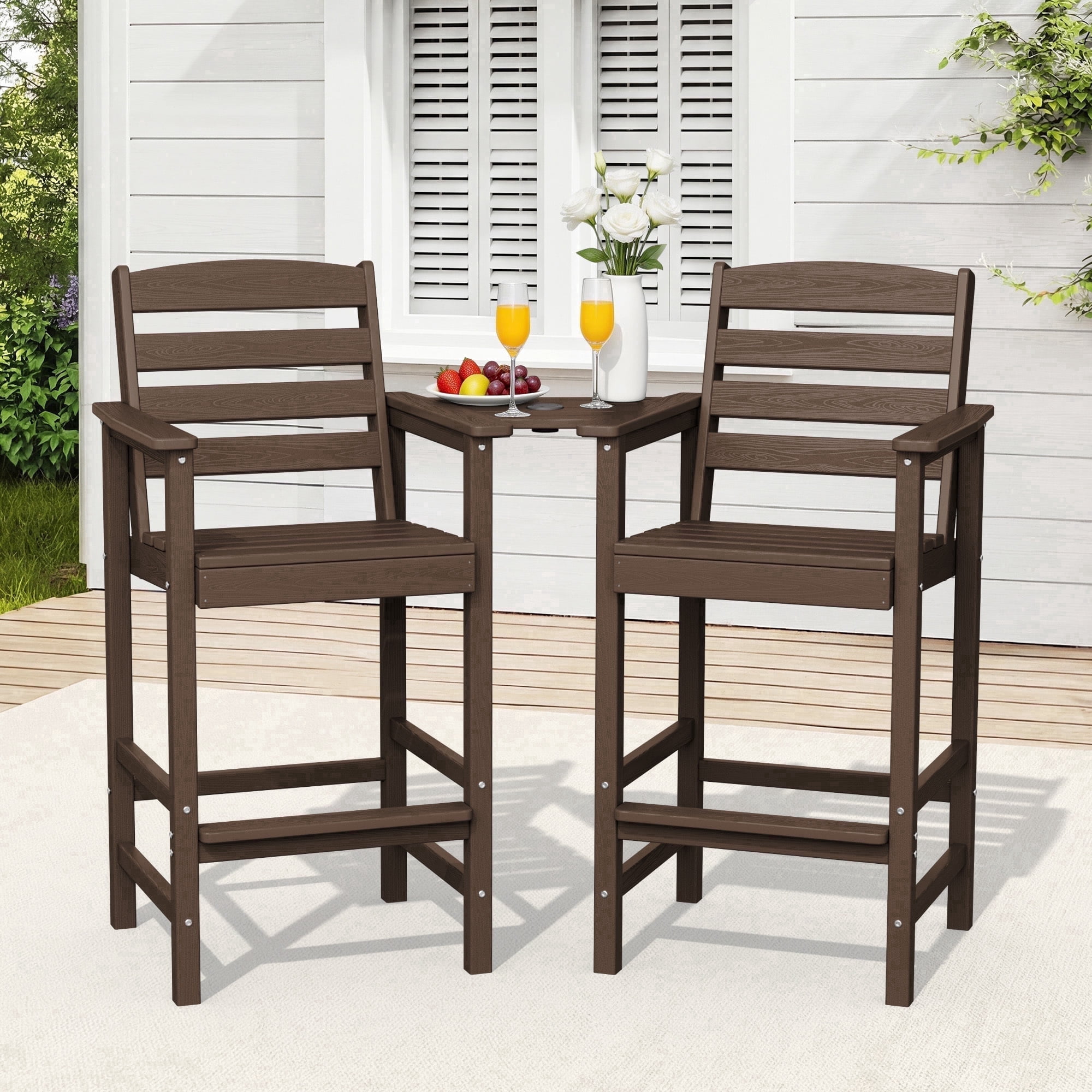 RIAFUN HDPE Height Bar Stools Set of 2 with Removable Connecting Table, Weather Resistant Outdoor Tall Adirondack Chairs with Umbrella Hole for Patio, Poolside, Garden, Coffee
