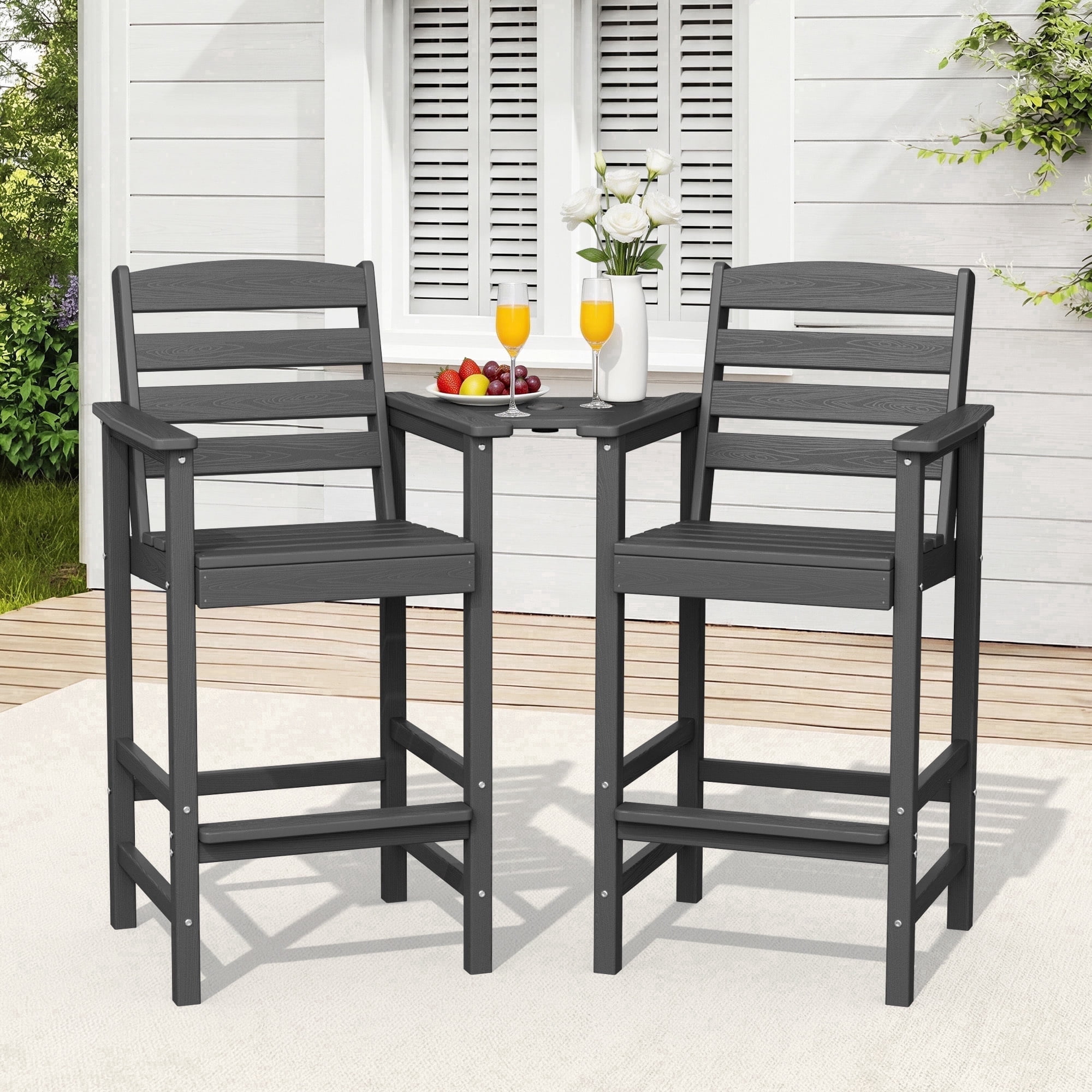 RIAFUN HDPE Height Bar Stools Set of 2 with Removable Connecting Table, Weather Resistant Outdoor Tall Adirondack Chairs with Umbrella Hole for Patio, Poolside, Garden, Gray