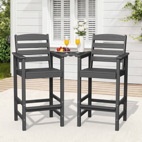 RIAFUN HDPE Height Bar Stools Set of 2 with Removable Connecting Table, Weather Resistant Outdoor Tall Adirondack Chairs with Umbrella Hole for Patio, Poolside, Garden, Gray