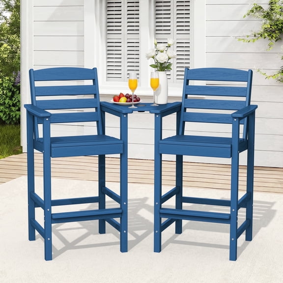RIAFUN HDPE Height Bar Stools Set of 2 with Removable Connecting Table, Weather Resistant Outdoor Tall Adirondack Chairs with Umbrella Hole for Patio, Poolside, Garden, Navy Blue