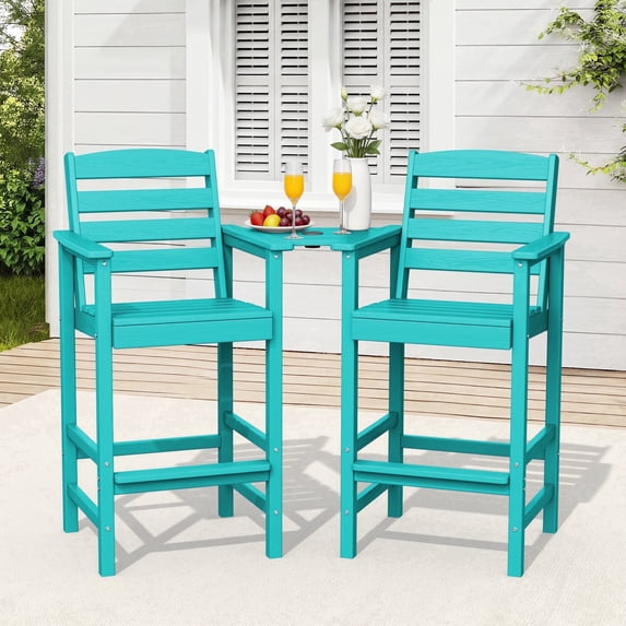 RIAFUN HDPE Height Bar Stools Set of 2 with Removable Connecting Table, Weather Resistant Outdoor Tall Adirondack Chairs with Umbrella Hole for Patio, Poolside, Garden, Turquoise
