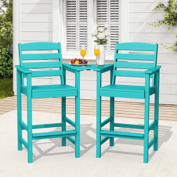 RIAFUN HDPE Height Bar Stools Set of 2 with Removable Connecting Table, Weather Resistant Outdoor Tall Adirondack Chairs with Umbrella Hole for Patio, Poolside, Garden, Turquoise