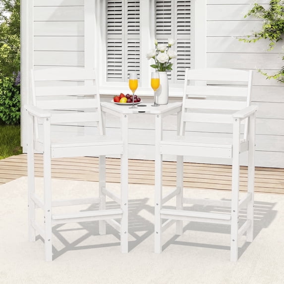 RIAFUN HDPE Height Bar Stools Set of 2 with Removable Connecting Table, Weather Resistant Outdoor Tall Adirondack Chairs with Umbrella Hole for Patio, Poolside, Garden, White