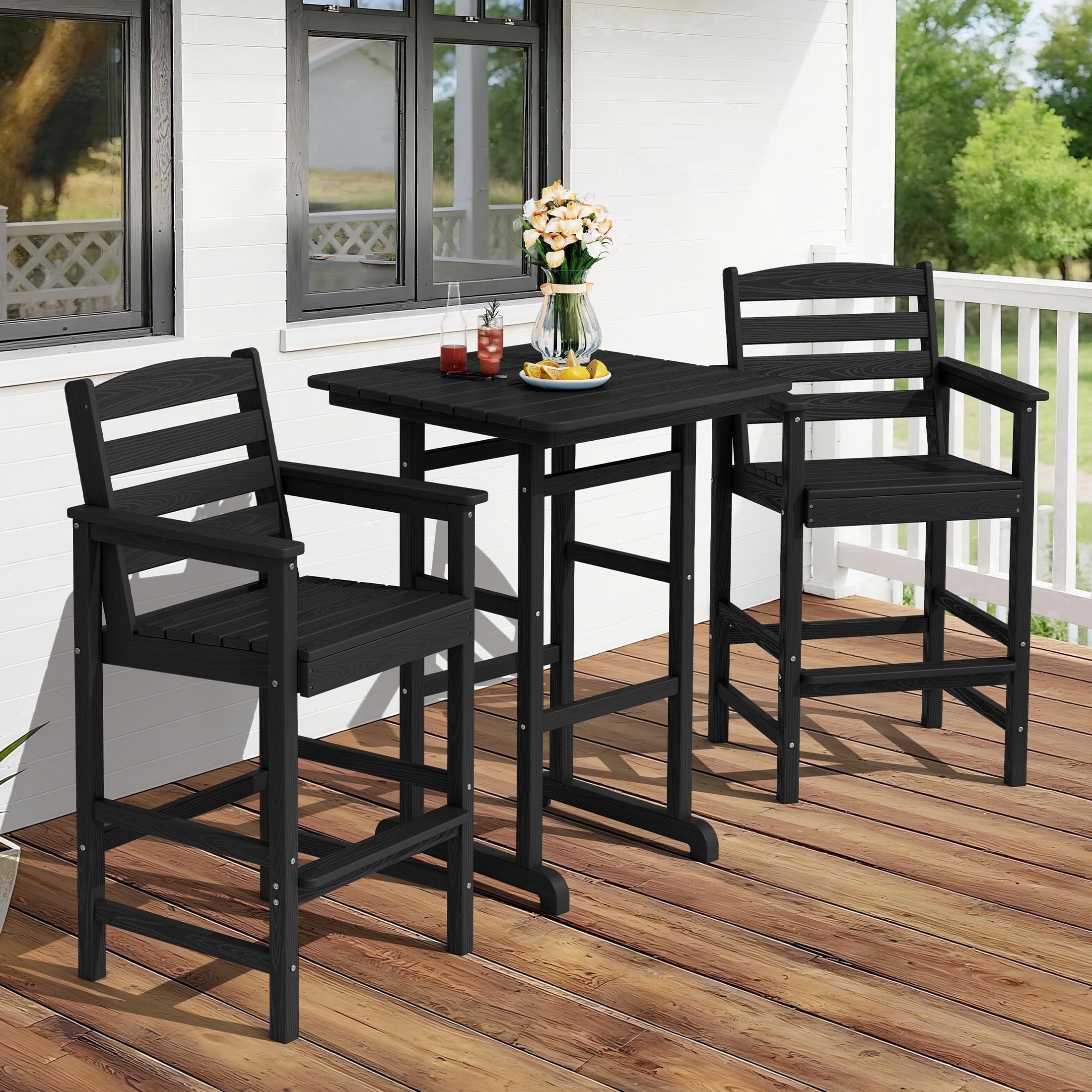 RIAFUN HDPE Outdoor Bar Set of 3 - 1 Height Bar Table & 2 Oversized Wide Seat Tall Adirondack Chairs, Weather Resistant for Patio, Poolside, Garden, Black