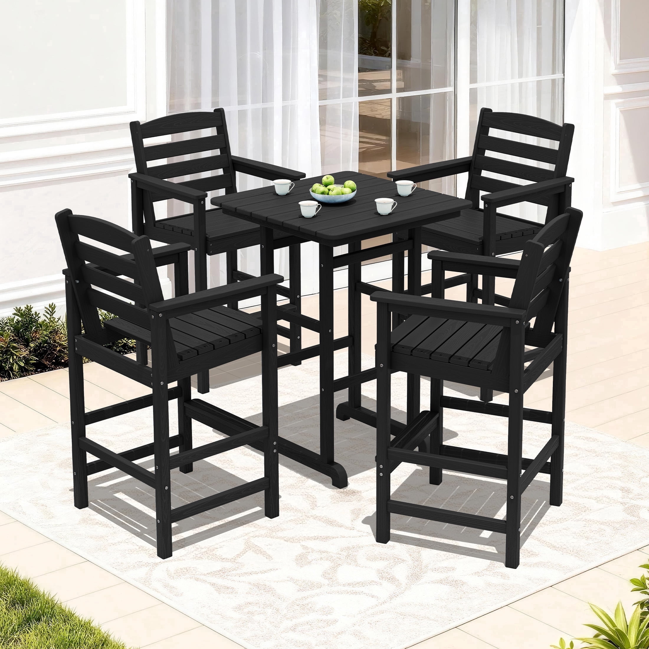 RIAFUN HDPE Outdoor Bar Set of 5 - 1 Height Bar Table & 4 Oversized Wide Seat Tall Adirondack Chairs, Weather Resistant for Patio, Poolside, Garden, Black