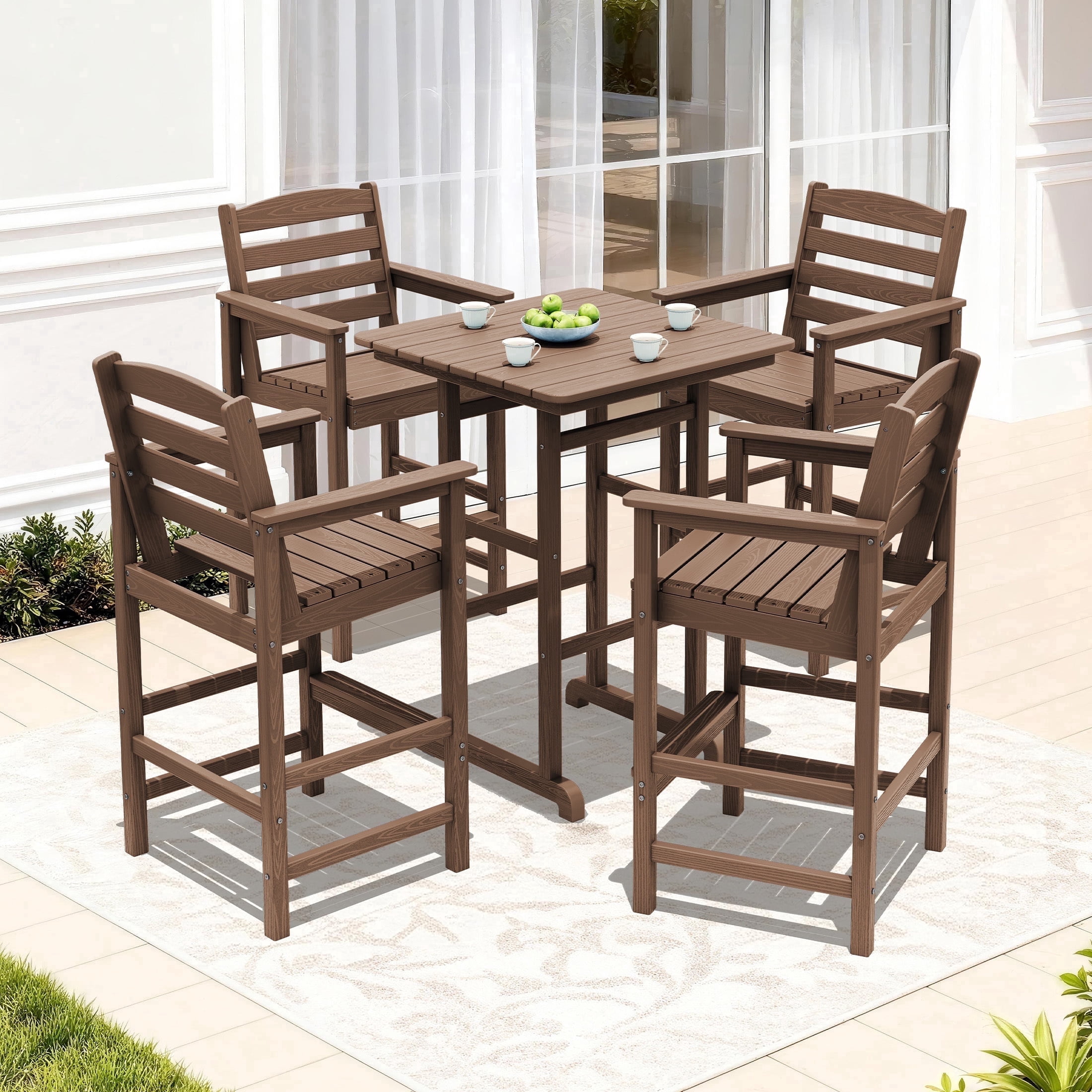 RIAFUN HDPE Outdoor Bar Set of 5 - 1 Height Bar Table & 4 Oversized Wide Seat Tall Adirondack Chairs, Weather Resistant for Patio, Poolside, Garden, Brown