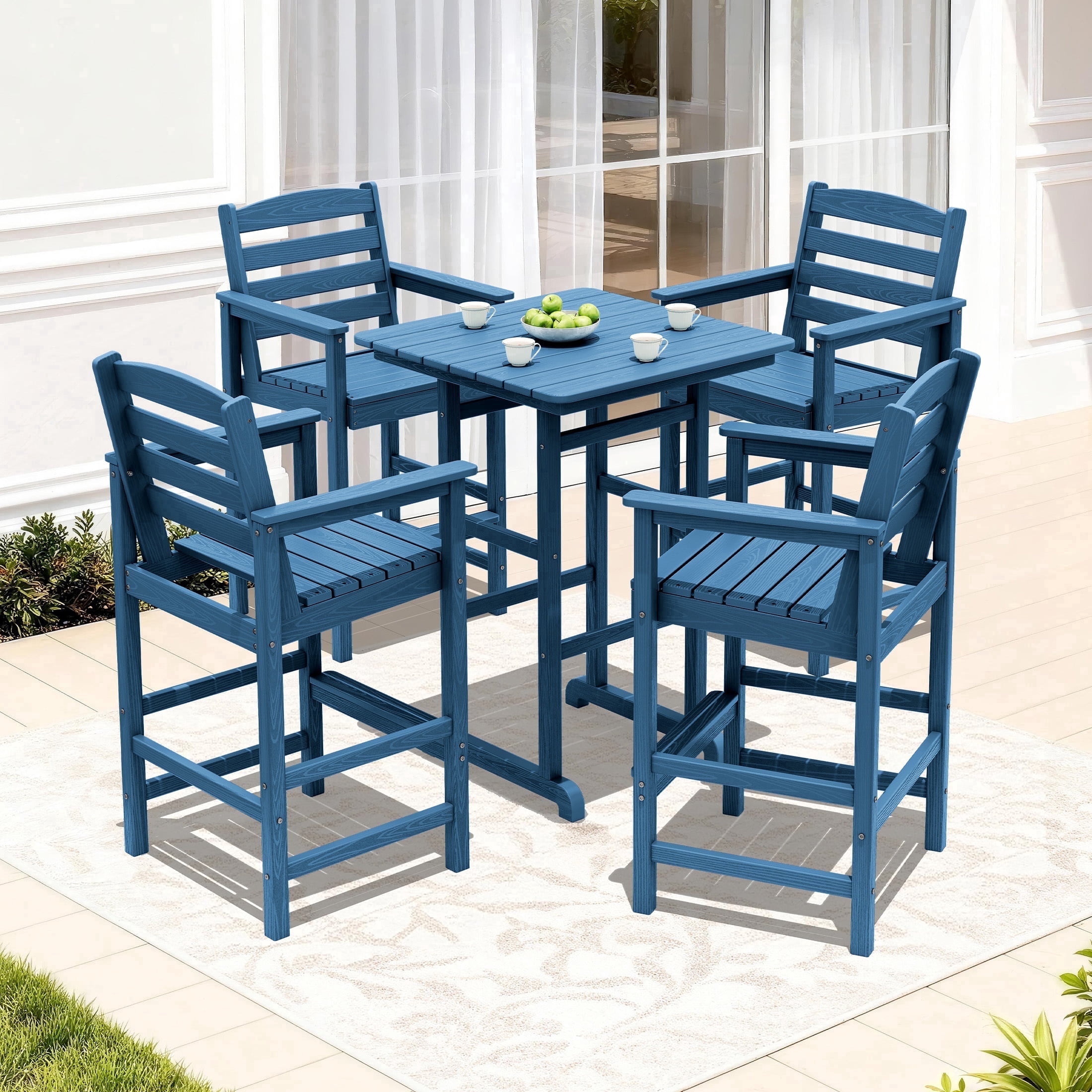 RIAFUN HDPE Outdoor Bar Set of 5 - 1 Height Bar Table & 4 Oversized Wide Seat Tall Adirondack Chairs, Weather Resistant for Patio, Poolside, Garden, Navy Blue