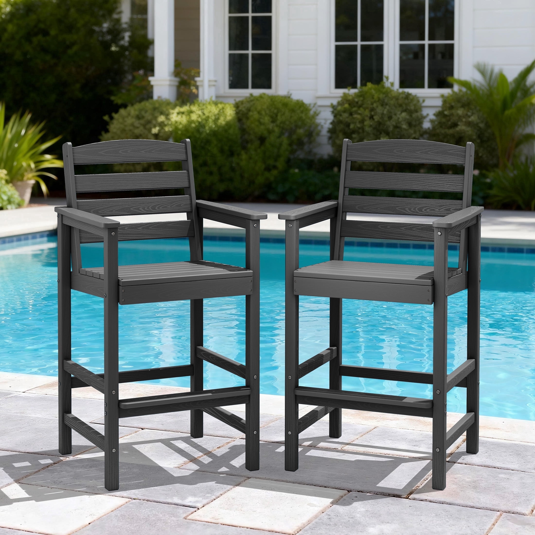 RIAFUN HDPE Outdoor Bar Stools Set of 2, Oversized Wide Seat Tall Patio Adirondack Chairs, Weather Resistant for Patio, Poolside, Garden, Gray