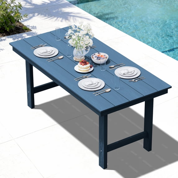 RIAFUN HDPE Outdoor Dining Table with Umbrella Hole, All-Weather Patio Table for Deck Garden, Rectangle, Navy Blue