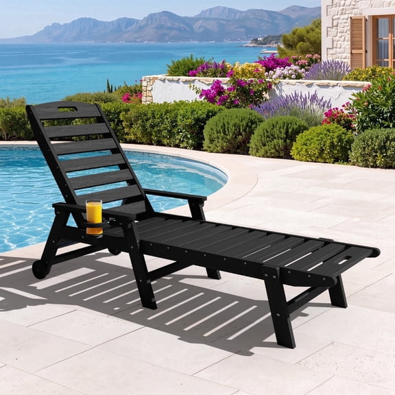 RIAFUN HDPE Adjustable Reclining Lounge Chair with Cup Holder & Wheels, Weather Resistant for Poolside, Garden & Beach, Black