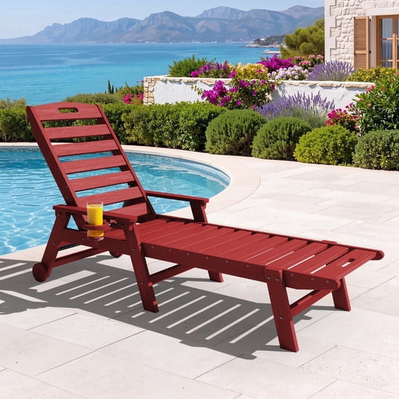 RIAFUN HDPE Adjustable Reclining Lounge Chair with Cup Holder & Wheels, Weather Resistant for Poolside, Garden & Beach, Dark Red