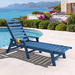 RIAFUN HDPE Adjustable Reclining Lounge Chair with Cup Holder & Wheels, Weather Resistant for Poolside, Garden & Beach, Navy Blue