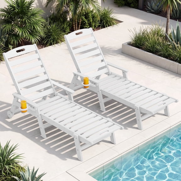RIAFUN HDPE Adjustable Reclining Lounge Chair set of 2 with Cup Holder & Wheels, Weather Resistant for Poolside, Garden & Beach, White