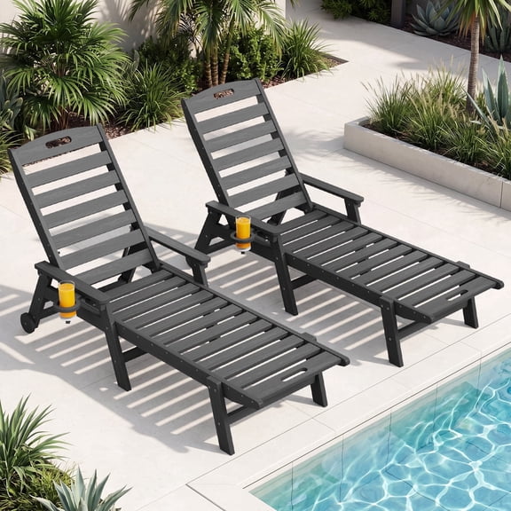 RIAFUN HDPE Adjustable Reclining Lounge Chair set of 2 with Cup Holder & Wheels, Weather Resistant for Poolside, Garden & Beach, Gray