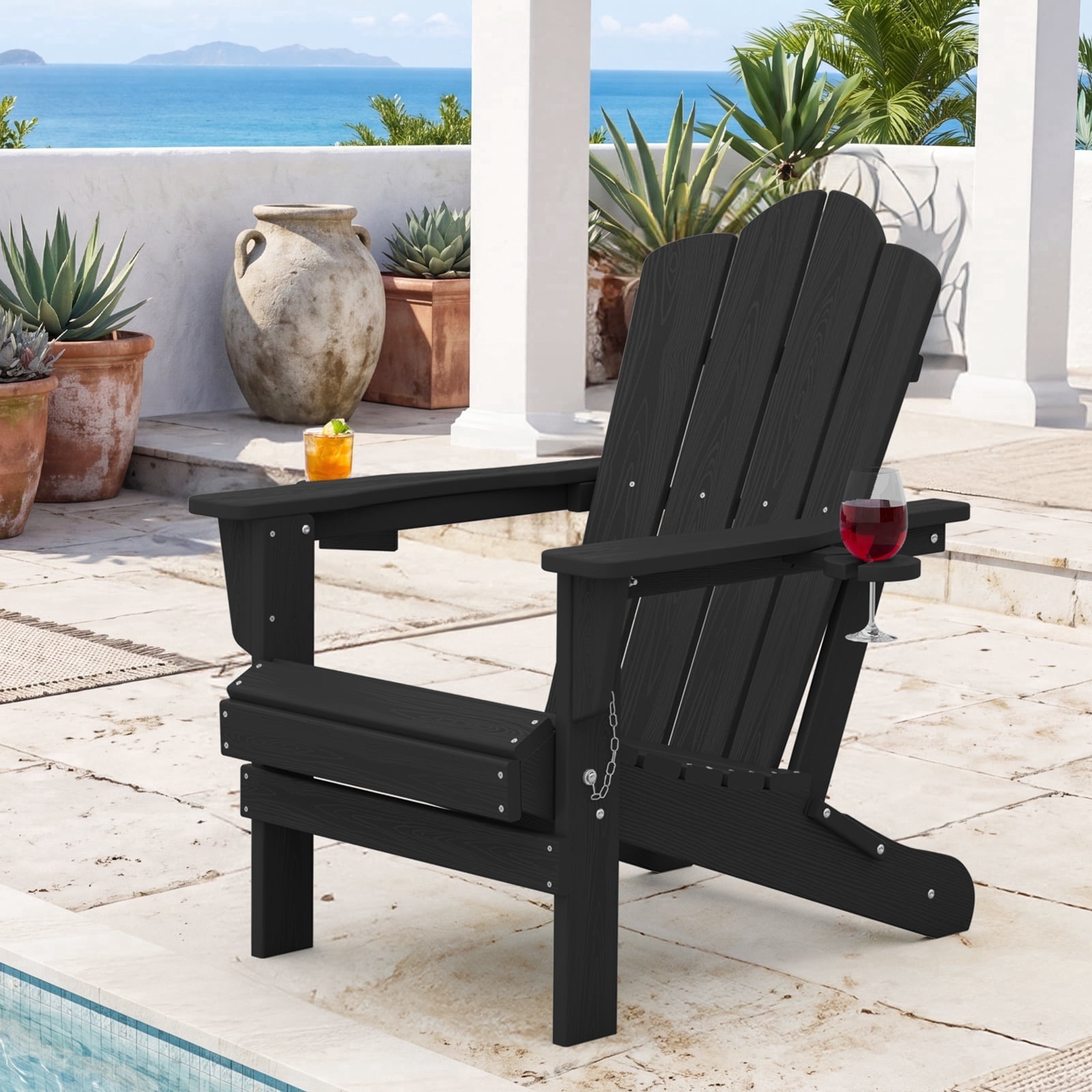 RIAFUN Outdoor Patio chair, Folding HDPE Resin Adirondack Chair with Double Cup Holder, Black