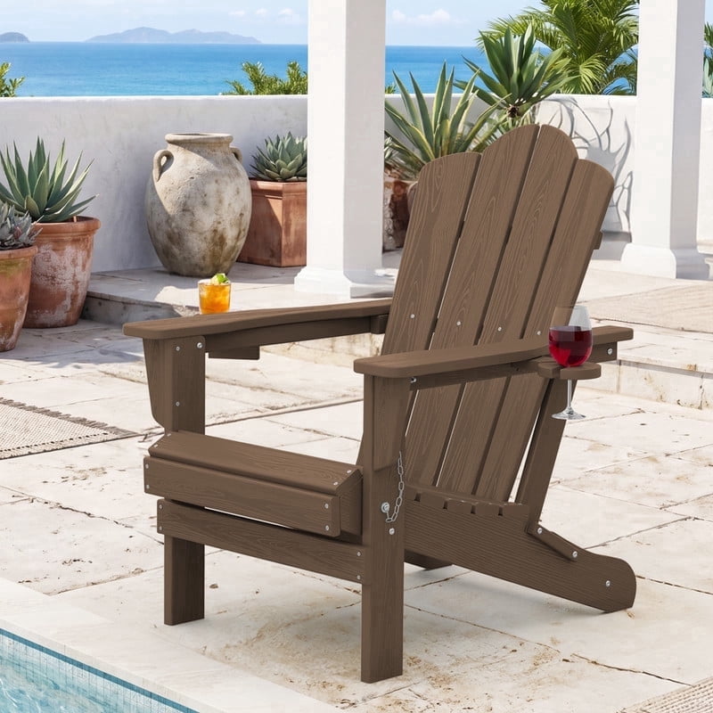 RIAFUN Outdoor Patio chair, Folding HDPE Resin Adirondack Chair with Double Cup Holder, Brown