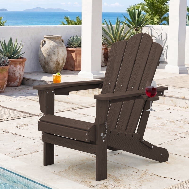 RIAFUN Outdoor Patio chair, Folding HDPE Resin Adirondack Chair with Double Cup Holder, Coffee Brown