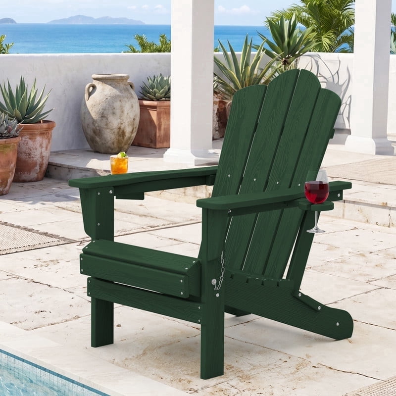 RIAFUN Outdoor Patio chair, Folding HDPE Resin Adirondack Chair with Double Cup Holder, Dark Green