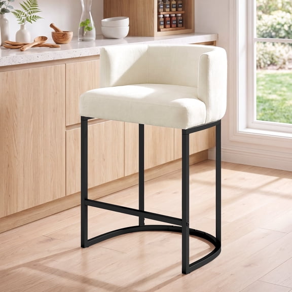 RIAFUN Upholstered Curved Back Counter Stool, Modern Chenille Bar Stool with Black Metal Frame for Kitchen Island, Home Bar, Beige