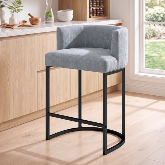RIAFUN Upholstered Curved Back Counter Stool, Modern Chenille Bar Stool with Black Metal Frame for Kitchen Island, Home Bar, Light Gray