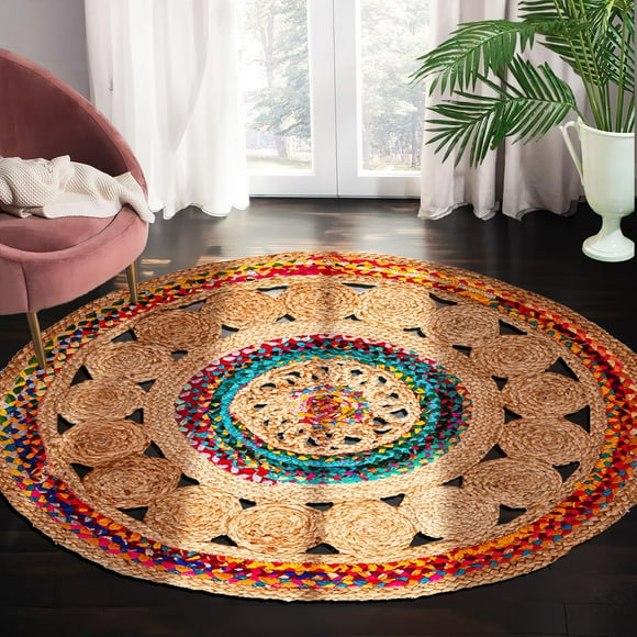 RIANGI - 4' Round Handwoven Jute Chindi Area Rug - Boho Rugs for Living Room - Hand Braided Multicolor Bohemian Rug for Farmhouse, Bedroom, Dining Room, Classroom, Hallway, Kitchen, Office C105
