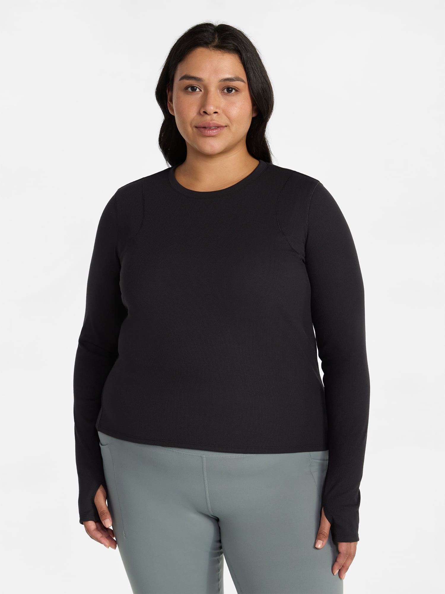 Avia Women's and Women's Plus Rib Seamed Long Sleeve Tee, Sizes XS-4X