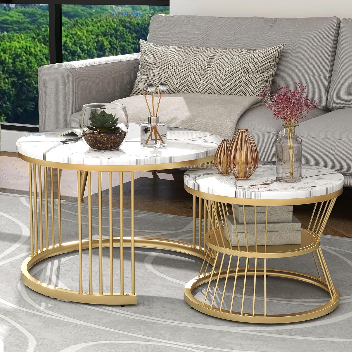 Stackable Table Set RIBAVARY Marble Laminated Look Square Coffee Tables Set 2 Piece ...