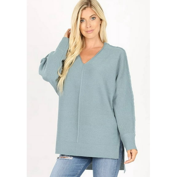 RIBBED TRIM SEAM DETAILED V-NECK SWEATER IN 3 COLORS (BlueGray, Large)