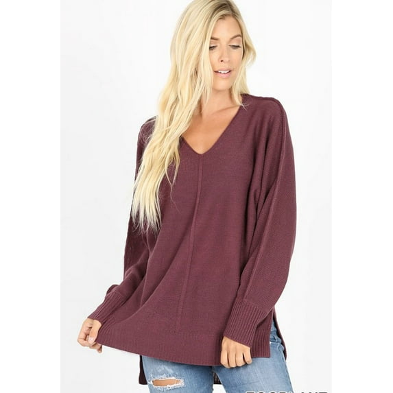 RIBBED TRIM SEAM DETAILED V-NECK SWEATER IN 3 COLORS (Eggplant, XLarge)
