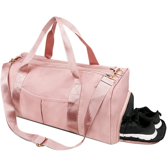RIBONGZ Sports Gym Bag Travel Duffel Bag Waterproof Weekender Overnight Tote Carry on Bag with Wet Pocket & Shoes Compartment for Men Women Lightweight Adjustable Strap (Pink)