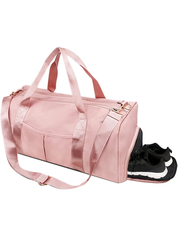 Sports Gym Bag Travel Duffel Bag Waterproof Weekender Overnight Tote Carry on Bag with Wet Pocket & Shoes Compartment for Men Women Lightweight Adjustable Strap (Pink)