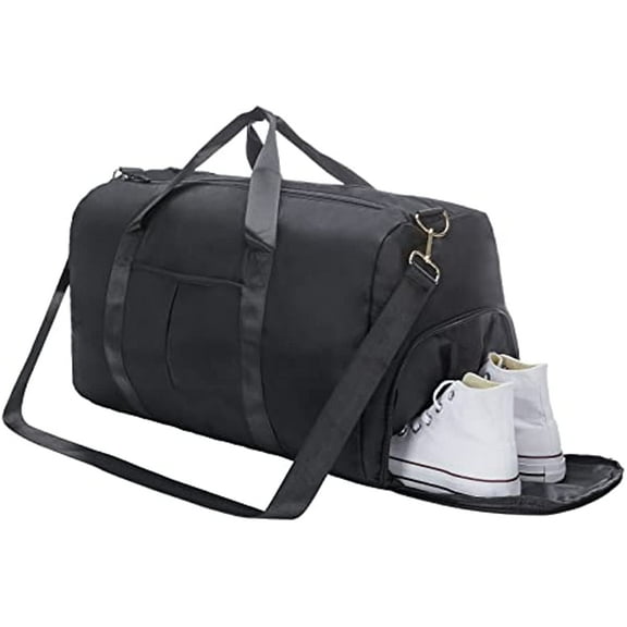 RIBONGZ Sports Gym Bag Travel Duffel Bag Waterproof Weekender Overnight Tote Carry on Bag with Wet Pocket & Shoes Compartment for Men Women Lightweight Adjustable Strap Black