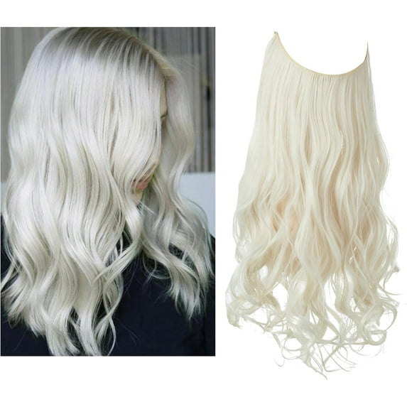 Aorsher Invisible Wire Hair Extensions Adjustable Size Synthetic Hair Extensions, 22Inch Long Curly Wavy Secret Hairpieces Bleach Blonde