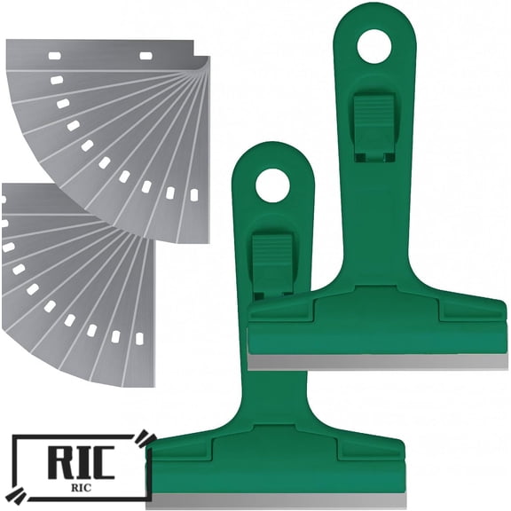 RIC 2pack 5.5 inches Industry Glass Scraper Scraping Hand Tool, T Shape Razor Blade Scraper with 20x Blades, Steel Scraping Knife for Window Stove Windshield Aquarium Tile Floor Wall Cleaning (Green)
