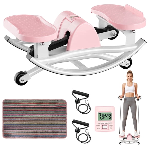 RICAN Smart Rock Stepper, Lateral Rocking Fitness Stepper, Low-Impact Portable Exercise Machine with Digital Monitor, Resistance Bands & Floor Mat,Pink