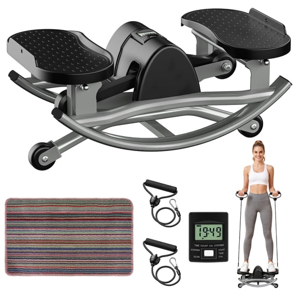 RICAN Smart Rock Stepper, Lateral Rocking Fitness Stepper, Low-Impact Portable Exercise Machine with Digital Monitor, Resistance Bands & Floor Mat, Sliver