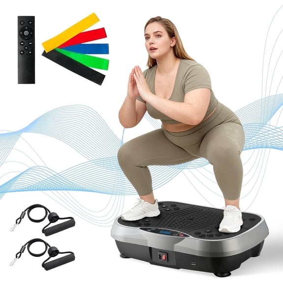 RICAN Vibration Plate Exercise Machine, Vibrating Board 300LBS Capacity, Vibration Platform with Resistance Bands, Remote Control, Silver-White