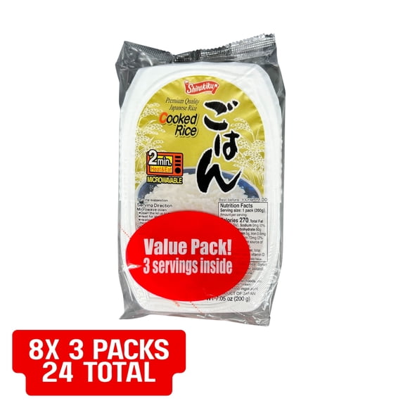 SHIRAKIKU Microwaveable Cooked Japanese White Rice, 21.1 oz, 3 pack (case of 24)
