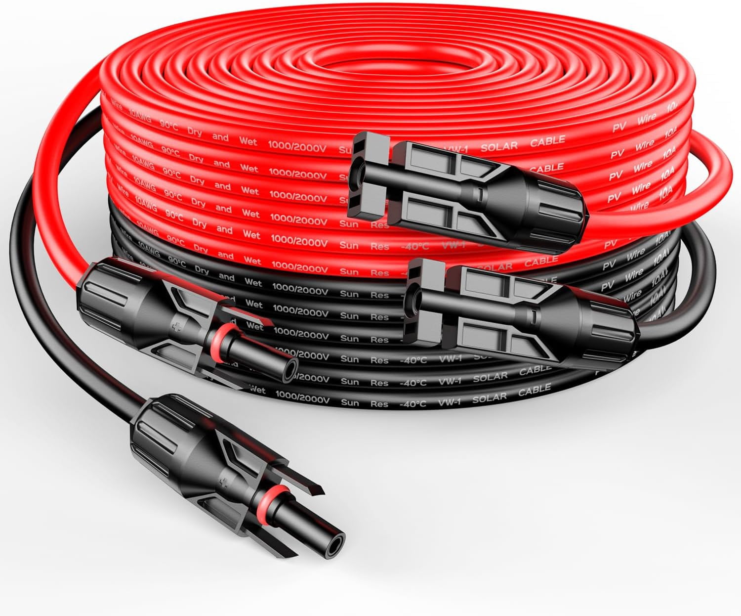 RICH SOLAR 10 Gauge 10AWG One Pair 50 Feet Red + 50 Feet Black Solar Panel Extension Cable Wire with Female and Male Connectors (50FT 10AWG)