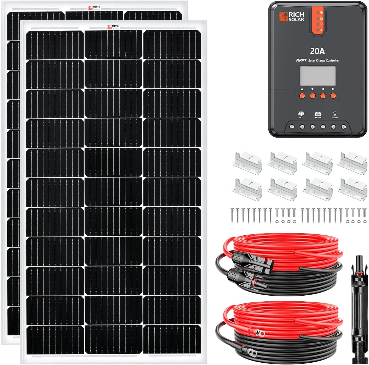 Rich Solar 20a Mppt Charge Controller RICH SOLAR 200W 12V Starter Solar Kit - 2 Pack of 100W Solar Panel, 20A