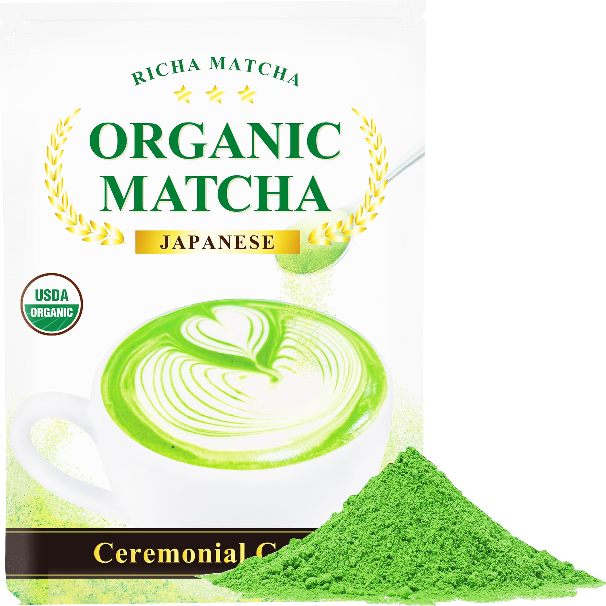 RICHA MATCHA Organic Ceremonial Grade Matcha Powder - First Harvest From Uji Kyoto, Unsweetened, USDA Certified (2.12oz/60g)