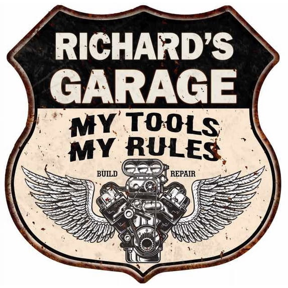 RICHARD'S Garage My Tools My Rules V8 Wings 12x12 Metal Sign 211110026010