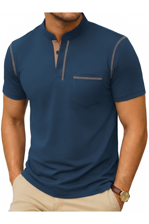 Henley Men Shirts Short Sleeve T Shirts for Men Summer Tops Classic Pocket Button Casual Color Block Blue Tees Size L
