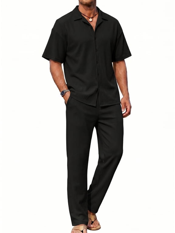 Men 2 Piece Black Summer Beach Vacation Outfit Set Button Up Loose Shirt Elastic Waist Baggy Pants Suit Size XL