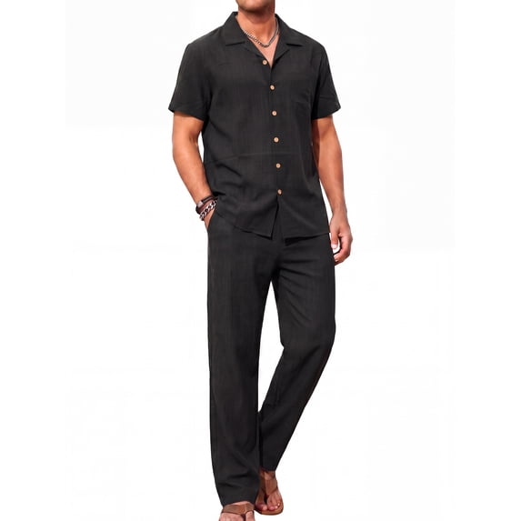 RICHCOIN Men 2 Piece Linen Outfit Beach Button Down Shirt Casual Loose Pant Sets