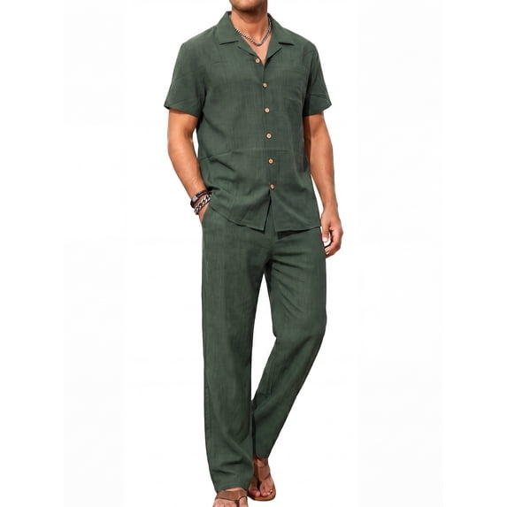 RICHCOIN Men 2 Piece Linen Outfit Beach Button Down Shirt Casual Loose Pant Sets