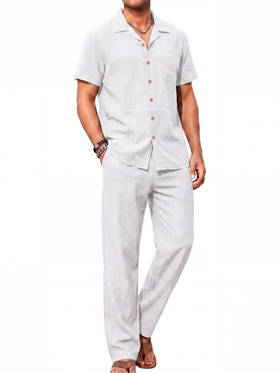 Men 2 Piece Linen Outfit Beach Button Down Shirt Casual Loose Pant Sets