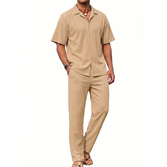 RICHCOIN Men 2 Piece Outfit Set Khaki Summer Beach Vacation Suit Short Sleeve Button Shirt & Loose Pant Size XL