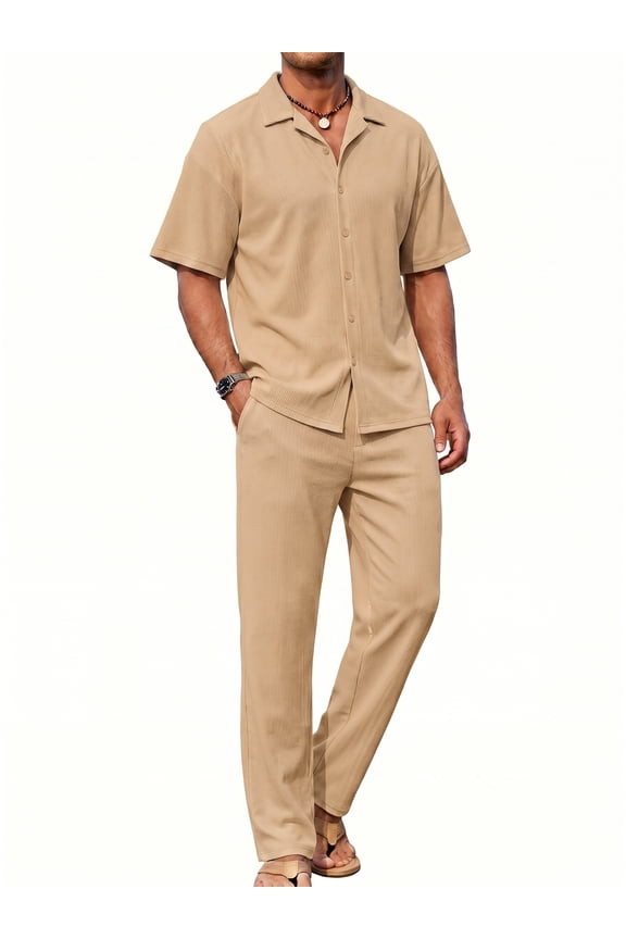 Men 2 Piece Outfit Set Khaki Summer Beach Vacation Suit Short Sleeve Button Shirt & Loose Pant Size XL