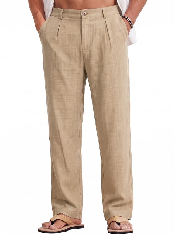 Men Casual Pants Regular Fit Elastic Waist Lightweight Trousers Pleated Dress Pants For Men Beach with Pocket